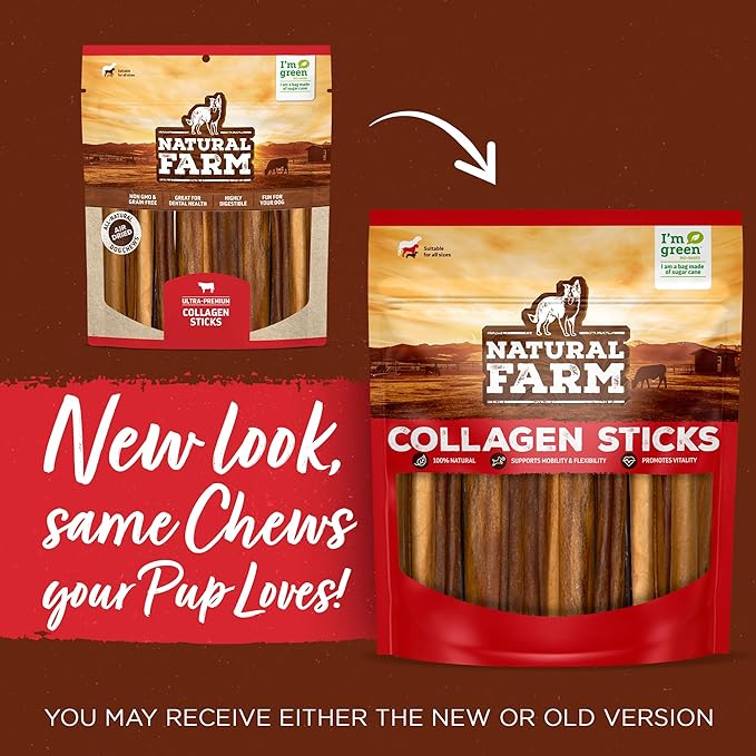 Natural Farm Collagen Chews. 6 Inch, 10 Pack. Odor-Free Long Lasting Bully Sticks & Rawhide Alternative Dog Treats, 95% Collagen Low Fat, High Protein Best Dental Dog Treats โ Medium & Large Dogs