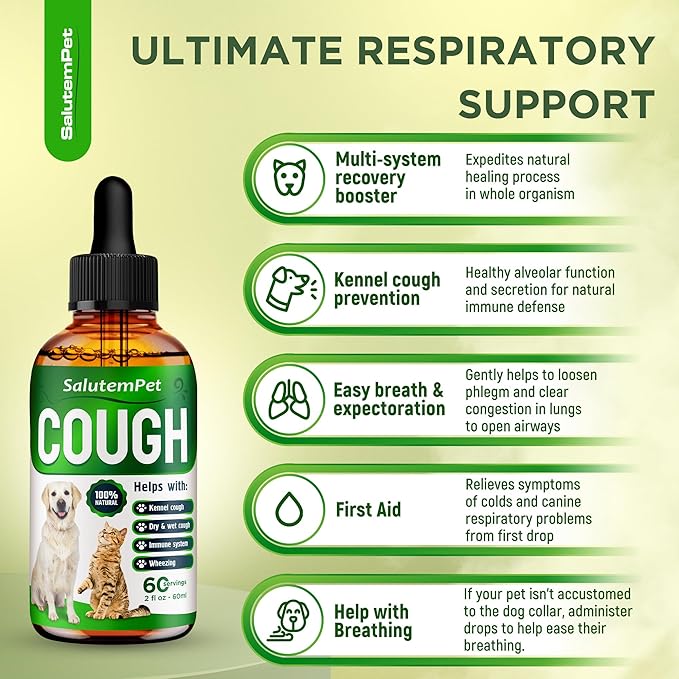 Dog Cough Medicine in Drops – Cat Cough Supplement – Kennel Cough Treatment for Dogs to Help with Sneezing & Runny Nose – Herbal Supplement – 2 Oz