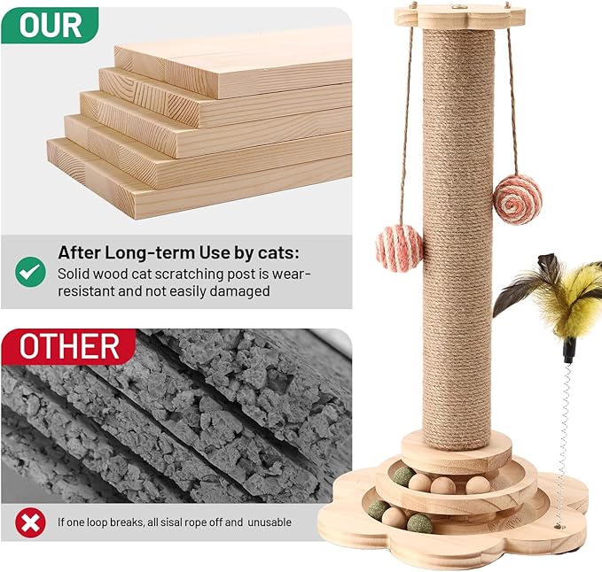 Kitten Small Cat Scratching Post Sisal Scratch Post for Indoor Cat with Hanging Ball,Solid Wooden 2 Level Track,Interactive Cat Toy