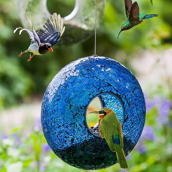 Topadorn Bird Feeder Fly Through Mosaic Round Stained-Glass Birdfeeder, Outdoor Hanging Blue Wild Bird Feeder Squirrels-Proof for Garden Decoration Gift, 9"