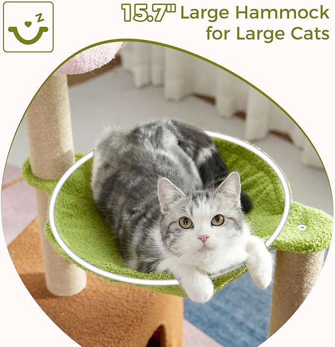 Flower Cat Tree 34 Inches Scratching Post Small Cat Tower for Large Cats, with 15.7”Large Hammock, Removable Top Bed and Wide Condo for Indoor Cats-Forest Brown