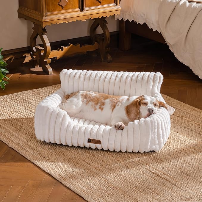 MEWOOFUN Dog Couch Bed, Fluffy Small Dog Bed with Removable Washable Cover, Supportive Cat Couch for Cats & Dogs up to 25 lbs (Beige, 30x21x12)