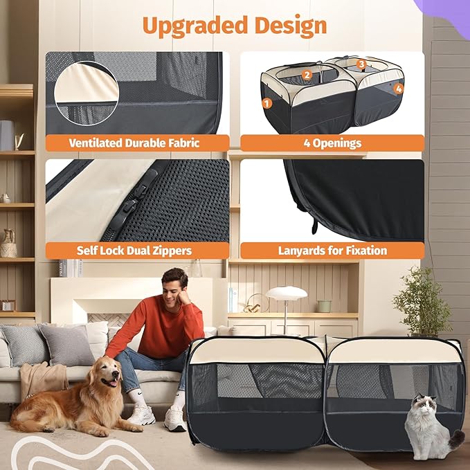2-in-1 Dog Playpen 73.5''Pop Up Cat Pet Playpen, Assembly-Free Indoor Outdoor Kitten Enclosure, Kitten Pen Cat Cage Portable Puppy Tent Crates Kennel for Small Animals(No Divider, Unified Space)