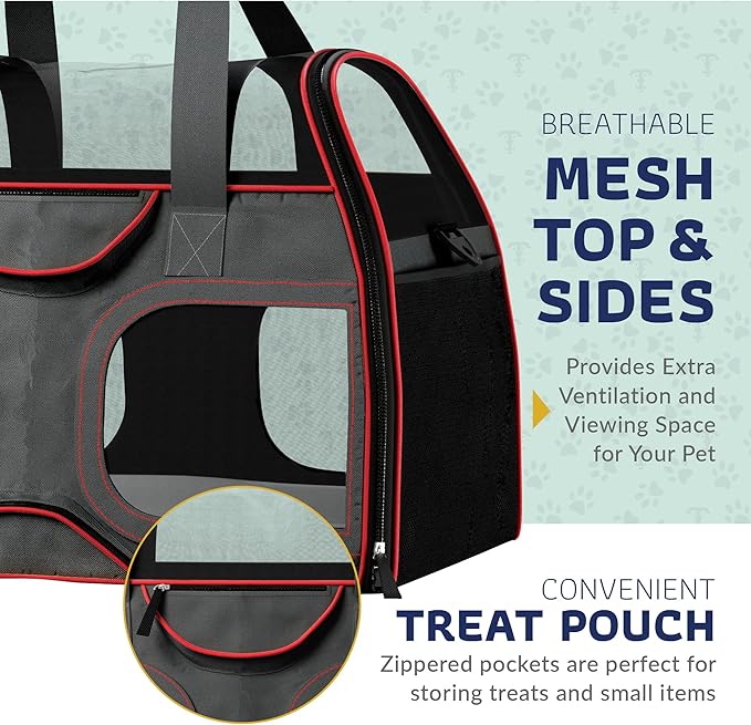 Katziela Luxury Rider Pet Carrier – Airline Compliant & TSA Approved Soft-Sided Travel Bag with Removable Base & 6 Wheels for Small Dogs & Cats – Black/Red