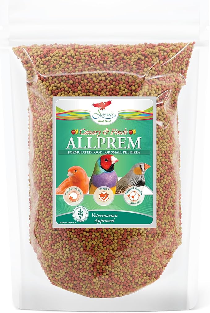 Scenic Allprem Canary and Finch Bird Food | Formulated Diet | Apple and Corn Flavor | 2 Pound Bag (2 LB)