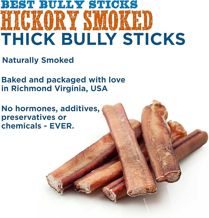 Best Bully Sticks Hickory Smoked Thick 6 Inch Bully Sticks - 10 Count (Pack of 1) - Natural, Grain and Odor-Free, Smoky Aroma, No Additives, Grass-Fed