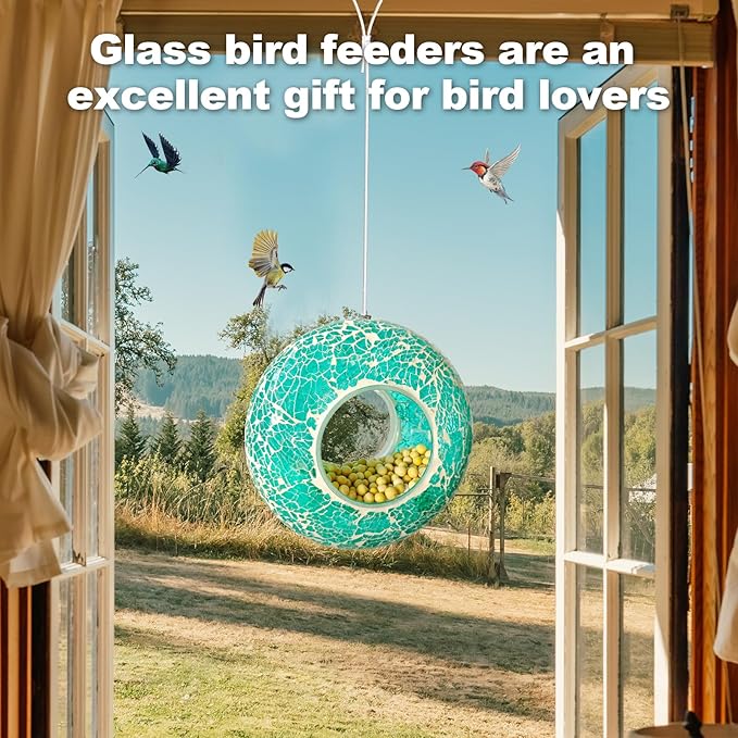 Mosaic Bird Feeder, Outside Hanging with Round Shape Glass BirdFeeders to Attract More Wild Birds, Mosaic Fly Through for Garden, Yard, Backyard, Deck and Porch Decor, Blue 7-Inch