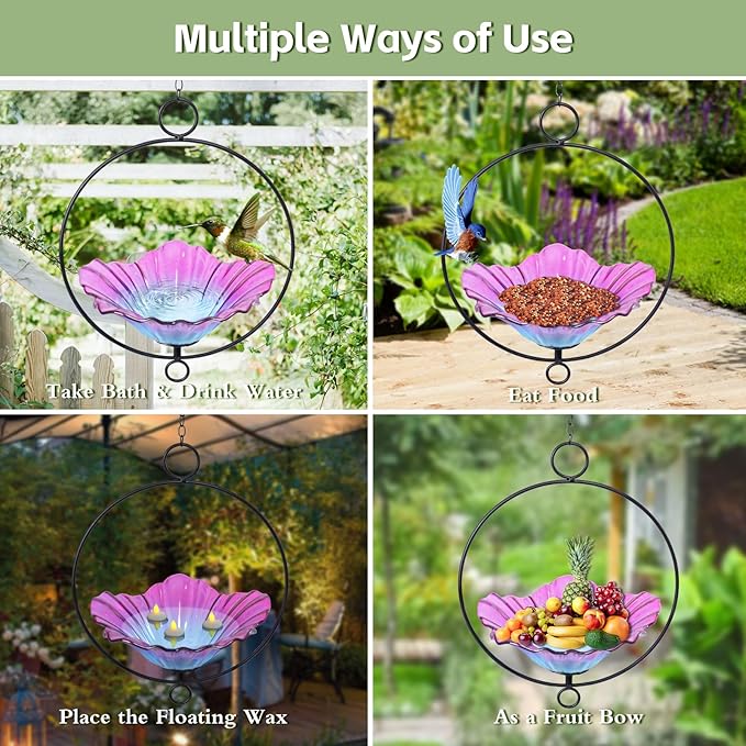 MUMTOP Hanging Bird Bath-Bird Baths for Outdoors - Flower Glass Bird Water Bowl with Hanging Circle, Bird Feeders for Outside, Garden, Lawn Yard Decor(Pink)