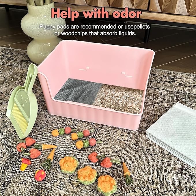 Large Rabbit Litter Box Bunny Potty Training Corner Litter Pan Comes with Liners Rabbit Pee Pads, Small Animal Bedding Toilet for Guinea Pig, Ferret, Hamster, Bunnies (Pink)