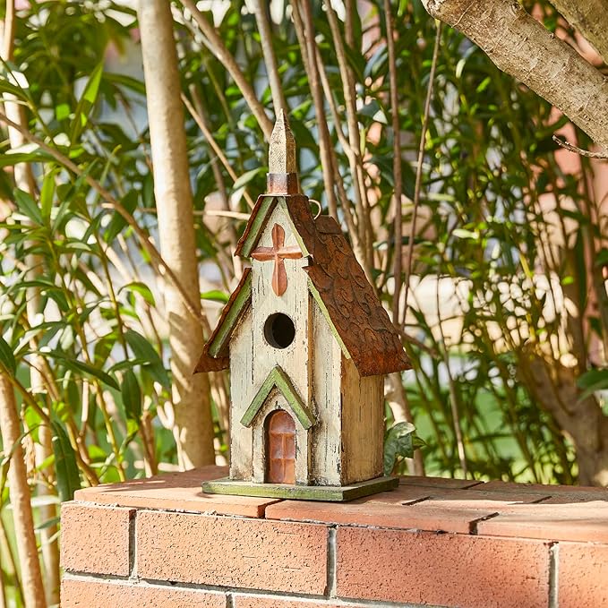 Glitzhome Wooden 14" H Hanging Distressed Church Birdhouse Decorative Garden Bird House