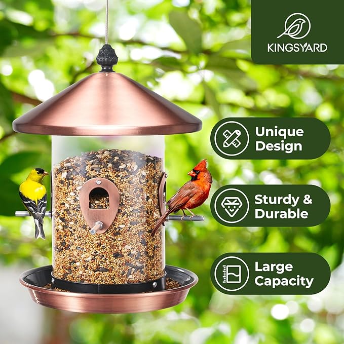 Kingsyard Metal Bird Feeders for Outdoors Hanging with 8 Ports, 3 lbs Large Tube Bird Feeder with Seed Tray for Cardinal Finch, Easy to Fill and Clean, Copper