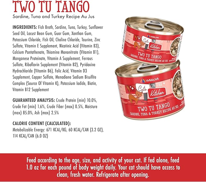 Weruva Cats in The Kitchen, Two Tu Tango with Sardine, Tuna & Turkey Au Jus Cat Food, 3.2oz Can (Pack of 24)