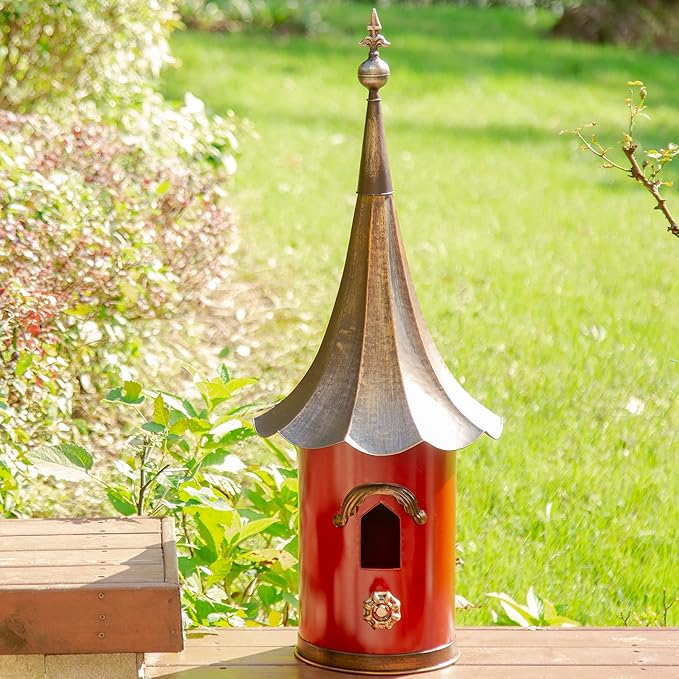 Glitzhome 32”H Metal Hanging Birdhouse for Outdoors Oversized Farmhouse Pagoda Painted Bird House with Bronze Roof for Bluebird Wren Chickadee Sparrow Bird Nest Box for Garden Patio, Retro Red