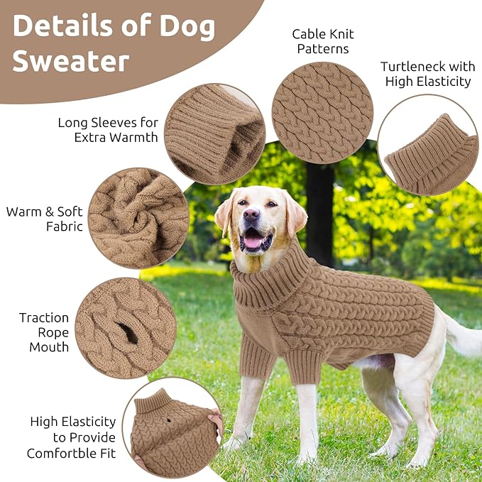 SAWMONG Dog Sweater, Dog Sweaters for Medium Dogs Girls Boys, Pullover Turtleneck Knitted Doggy Sweatshirt, Cold Weather Pet Clothes(Khaki, Medium