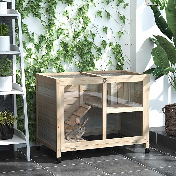 PawHut Rabbit Hutch with Wheels, Desk and Side Table Sized, Wooden Rabbit Cage, Waterproof Small Bunny Cage with Removable Tray, Openable Roof, for Indoor & Outdoor, Natural
