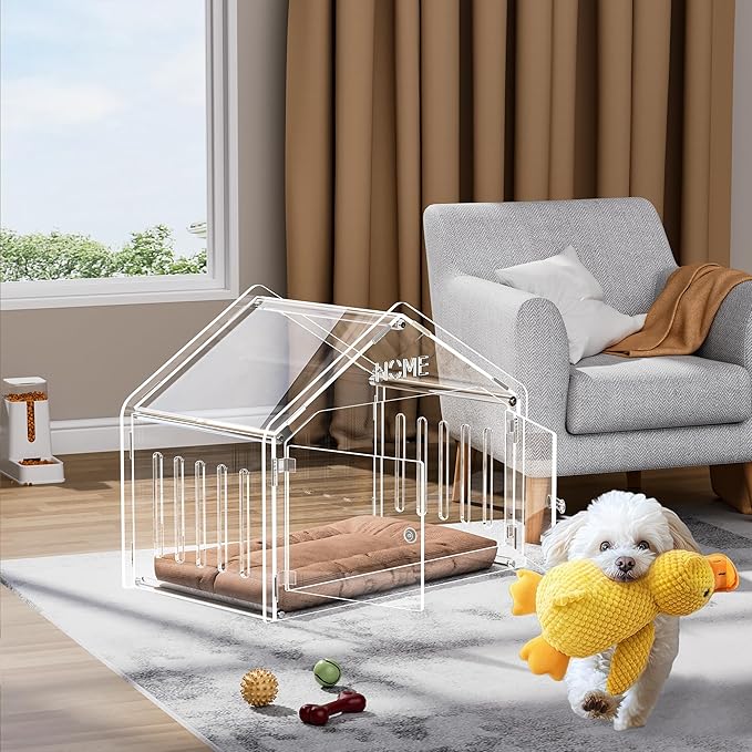 Acrylic Dog House Indoor.Clear Dog Crate for Small Dogs, Modern Indoor Dog Kennel for Most Small Dog Cat Pet (Clear, 15.7 * 21.5 * 27 inch)