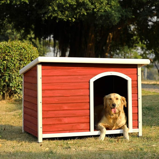 Petsfit Extra Large Dog House, Outdoor Wooden Dog House for Large Dogs, Red, 45.6"L X 31"W X 32"H