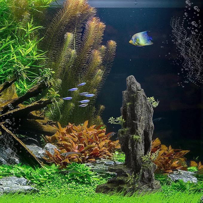 AnRui Aquarium Decorations Large and Tall Mountain View Stone Betta Hideout Fish Tank Accessories Decor Cute Tree Rock Cave Landscape for Turtles, Fish to Play, 14.4inch