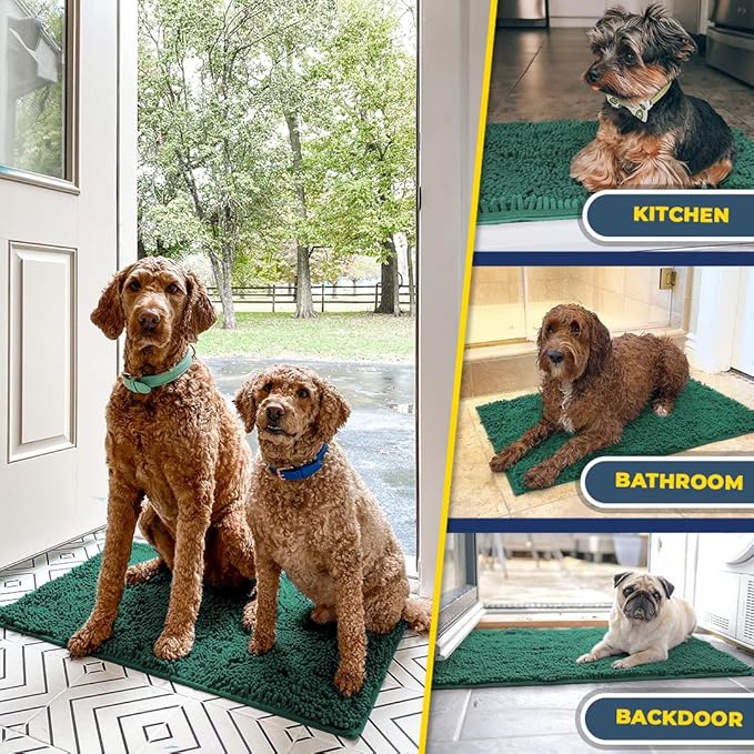Muddy Mat® AS-SEEN-ON-TV Highly Absorbent Microfiber Dog Door Mat and Pet Rug, Non Slip Thick Washable Area and Bath Mat Soft Chenille for Kitchen Bathroom Bedroom and Indoor - Dark Green XXXL 72"X48"