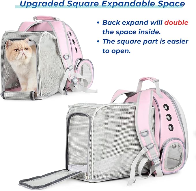 Lollimeow Cat Carrier Backpack, Bubble Expandable Backpack Carrier, Pets and Small Dogs,Airline-Approved, Designed for Travel, Hiking, Walking & Outdoor Use (Square Back Expandable-Pink)