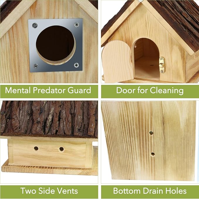 Wooden Bird Houses for Outside Hanging – Natural Pine Birdhouses for Outdoors with Bark Roof, Bluebird Nesting Box with Predator Guard for Wrens, Finches, Swallows, Nuthatches, Pre-Assembled