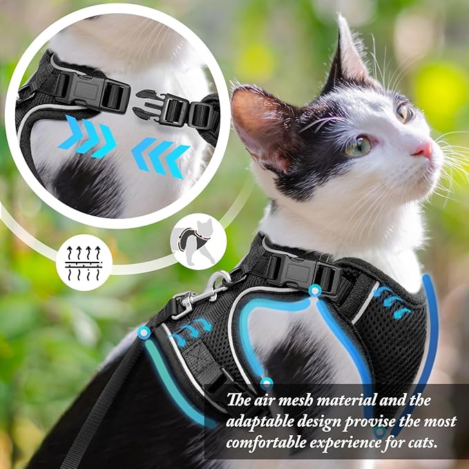 Cat Harness and Leash Set for Walking Escape Proof, Improved Four Place Adjustable Cat Car Harness, Soft Kittens Vest with Reflective Strip for Cats, Comfortable Outdoor Vest, Black, XS