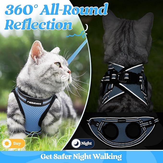 rabbitgoo Cat Harness and Leash Set for Walking Escape Proof, Adjustable Soft Kittens Vest with Reflective Strip for Cats, Comfortable Outdoor Vest, Light Blue, L