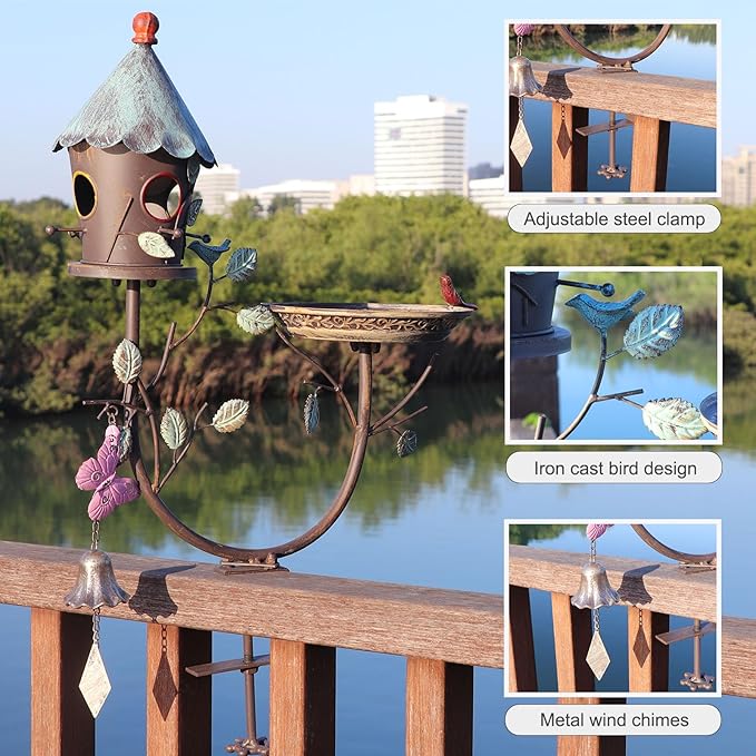 Deck Bird Bath, Metal Bird Bath and Bird Houses, Decorative Deck Mounted Bird Baths, Detachable and Adjustable Sturdy Deck Bird Bath for Outdoor Porch Yard Garden Decoration