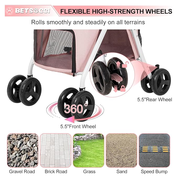 Double Dog Stroller with 2 Detachable Carrier, Portable Pet Stroller for Small Dogs & Cats Folding Lightweight Puppy Travel Carriage, 4 Wheels, Pink