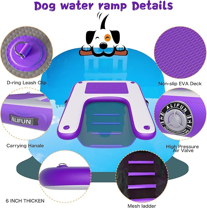 ALIFUN Inflatable Dog Pool Ramp Safety Floating Dock Dog Water Raft for Pool Lake Boat Non-Slip Floating Ladder for Pets Up to 220 LBs Purple 140CM Length