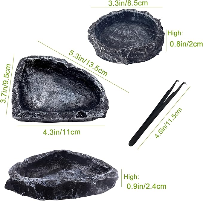 2 Pack Reptile Water Dish - Reptile Water and Food Bowls with Tongs Imitating Natural Rock,Breadworm Feeding for Leopard Gecko Lizard Spider Scorpion Chameleon (2Pcs Square+Round)
