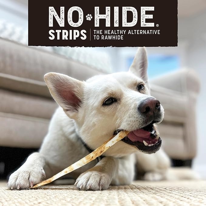Earth Animal No Hide Strips Salmon Flavored Natural Treats | No Rawhide | Quick & Thin Dog Chews - 4 Count