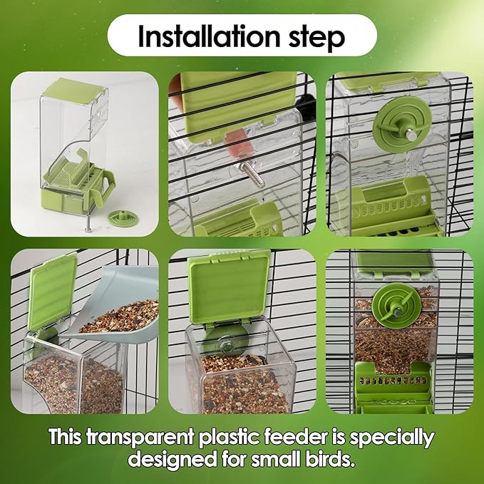 Bird Feeder No Mess 2PCS Automatic Clear Bird Seed Food Container Acrylic Parrot Feeder Dispenser Cage Accessories for Parakeet Budgies Cockatoo Canary Love Bird (Green)