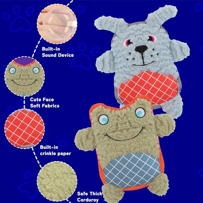 Crinkle Dog Toys Squeaky Plush No Stuffing Cute Puppy Stuffless Tough Rop Pull Toy, Fun Dog Stuffed Animals Durable Chew Set for Small Medium Large Pup (Large, Green Frog+Blue Dog)