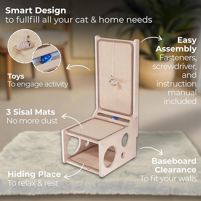 Cat Scratching Post with Toy – L-Shaped Sisal Scratcher Pad & Cozy Corner Hideaway for Indoor Cats | Vertical & Horizontal Scratching Ramp for Large Cats – MANDAROO