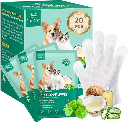 20 PCS Pet Cleaning and Deodorizing Bathing Grooming Glove Wipes for Dogs and Cats, Extra Thick Nourish Fur No-Rinse Grooming Wipes for Daily Care and Travel, Hypoallergenic