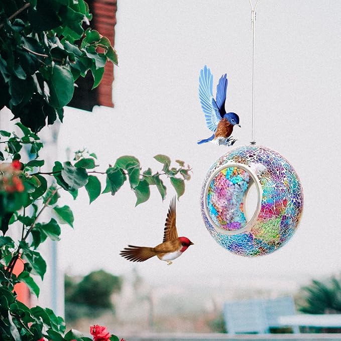 Bird Feeder Mosaic Fly Through Bird Feeder for Outside Hanging with Round Shape Glass Feeders to Attract Wild Birds for Garden, Deck, Yard, Backyard and Porch Decor, 7-Inch