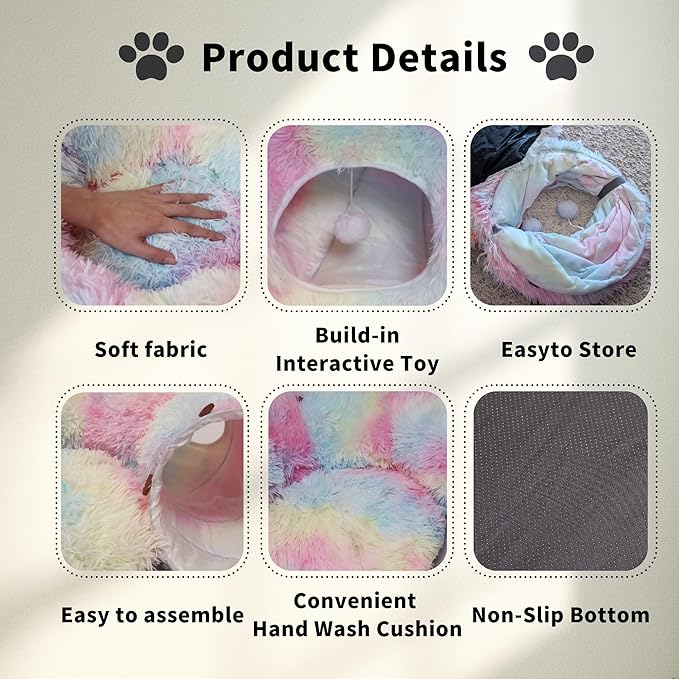 Cat Tunnel Bed for Indoor Cats with Washable Cushion Cat Cave Donut Tunnel with Fluffy Ball Big Round Tube Pet Playground Toys Soft Plush Peekaboo for Kitten, Cat, Puppy, Rabbit, Ferret (Colorful)