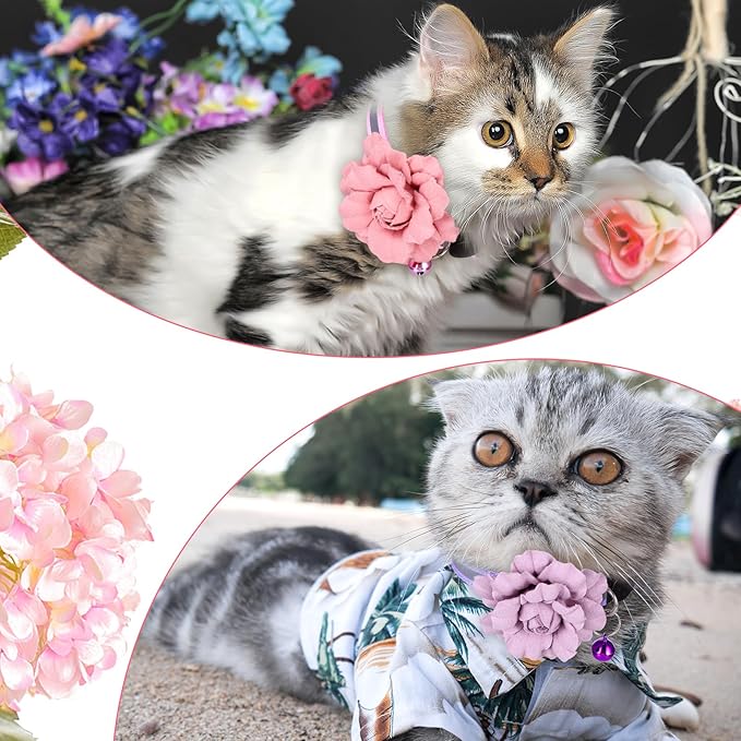 2 Pack Cute Cat Collar, Girls Cat Collars, Flexible Adjustable Floral Cats Bowtie Collar, Removable Kitten Collars with Bells for Boys Girls Cats Puppies Small Pets,Purple Pink