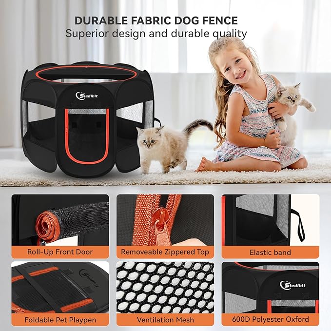 Black Dog Playpen, Puppy Pet Playpen Indoor for Small Dogs Tent Crates Cage Indoor/Outdoor, Portable Pop Up Dog Kennel Playpen with Carrying Case for Dogs/Cats/Rabbits, Removable Zipper Top