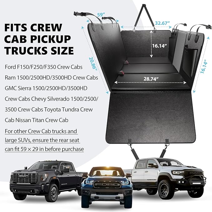 Back Seat Extender for Dogs-Leather Upgraded Foam, Hard Bottom Dog Seat Cover for Truck Back Seat, Dog Hammock for Truck Crew Cab F150, RAM1500, Sierra, Silverado,Tundra, Titan(59‘x29’