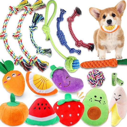 Puppy Chew Toys for Teething, Dog Toys 18 Pack Puppy Essentials Chew Toy Bundle with Squeaky Toys and Interactive Rope Toys for Small Dogs, Stuffed Plush Toys for Puppies to Keep Them Busy