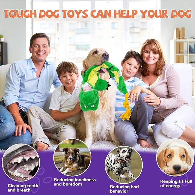 Crinkle Dog Toys Squeaky Plush No Stuffing Cute Puppy Stuffless Tough Rop Pull Toy, Fun Dog Stuffed Animals Durable Chew Set for Small Medium Large Pup (Large, Alligators)