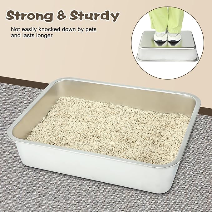 Rypet 2 Packs Stainless Steel Litter Box Metal Litter Box for Cats High Back Litter Boxes Non-Stick Cat Poop Box๏ผEasy to Clean(17.7"*13.8"*3.9")