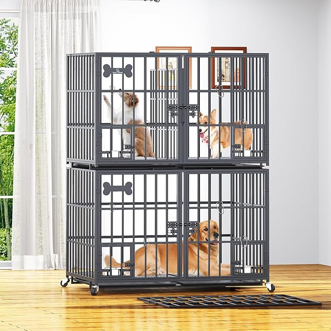 Dosker 48/42 inch Stackable Heavy Duty Metal Dog Crate for 4 Dogs/Large Dog,All Metal Open Top Access,Escape Proof Cage,Dog Kennel Indoor with Wheels,Floor Grid, Tray, Divider and Feeding Bowl