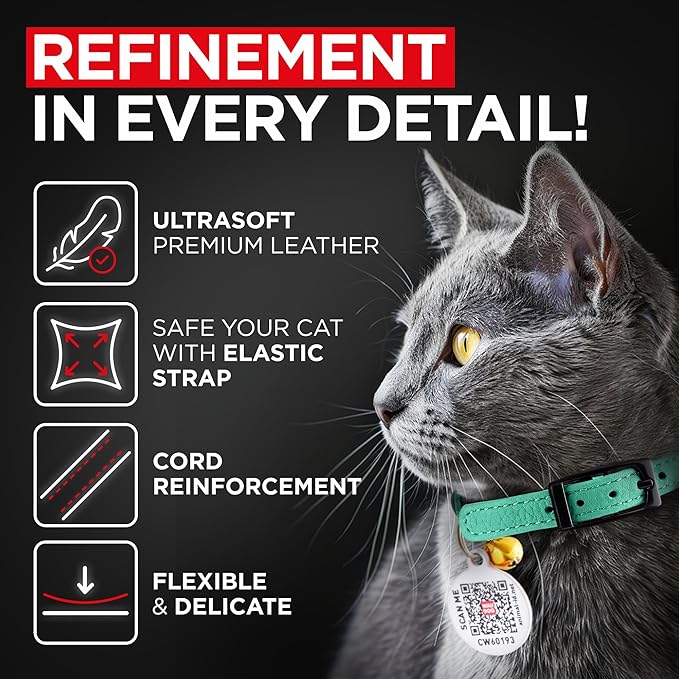 Leather Cat Collar with Bell and Safety Elastic Strap Breakaway Alternative for Small & Large Kittens, Stylish Pet Leather Collar for Boy, Girl Cats with Metal Buckle & QR ID Tag (Mint)