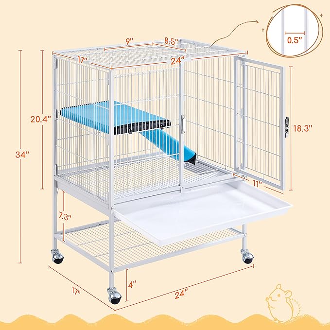 Yaheetech Small Animal Cage, Metal Pet Cage with Removable Tray/Ladder/Wheels, Ferret Cage, Chinchilla Cage, Sugar Glider Cage, White
