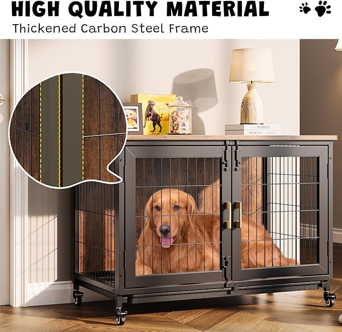 37.4" L Wooden Dog Crate Furniture for Small-Medium-Large Dogs, Escape-Proof Decorative Dog Crates for Anxious Dogs, Rustic Kennel with Lockable Wheels & Pull-Out Tray, Dog Kennel Indoor