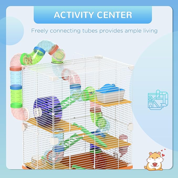 PawHut 18" 5 Tier Hamster Cage with Tubes and Tunnels, Small Animal Cage with Portable Carry Handle, Gerbil Cage with Water Bottle, Food Dish, Exercise Wheel, Orange