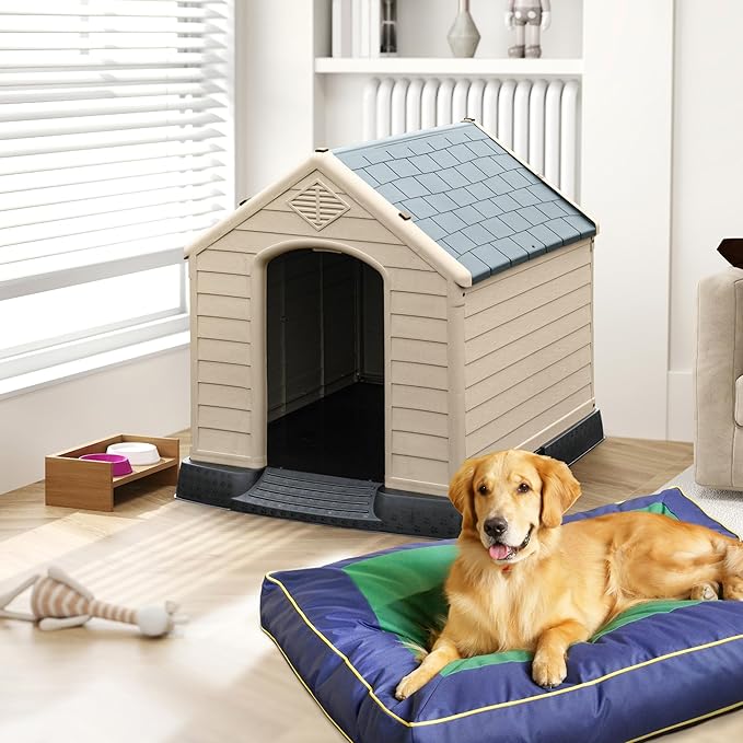 DWVO Large Plastic Dog House, Weatherproof Outdoor/Indoor Doghouse, Puppy Kennel with Air Vents and Elevated Floor, 41.3''L*38''W*38.8''H, Gray+Brown